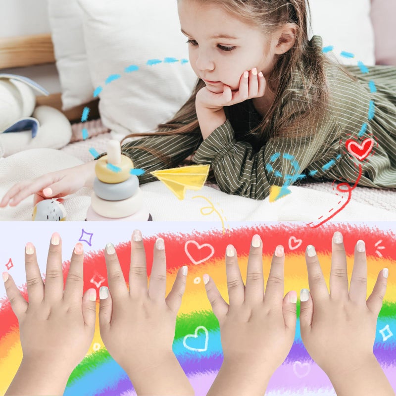 Laza 72pcs Children Nails Press On Pre-glue Full Cover Silver Glitter Stars Pink Heart Short Ombre False Nail Kits for Kids Teenager Girls - Sparkling Sweety - Image 3