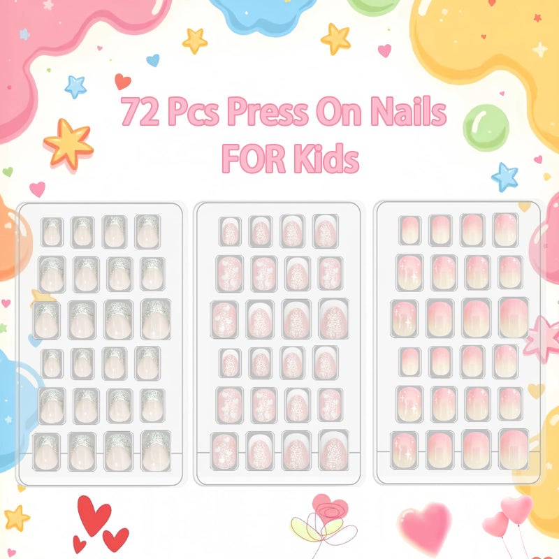 Laza 72pcs Children Nails Press On Pre-glue Full Cover Silver Glitter Stars Pink Heart Short Ombre False Nail Kits for Kids Teenager Girls - Sparkling Sweety - Image 2