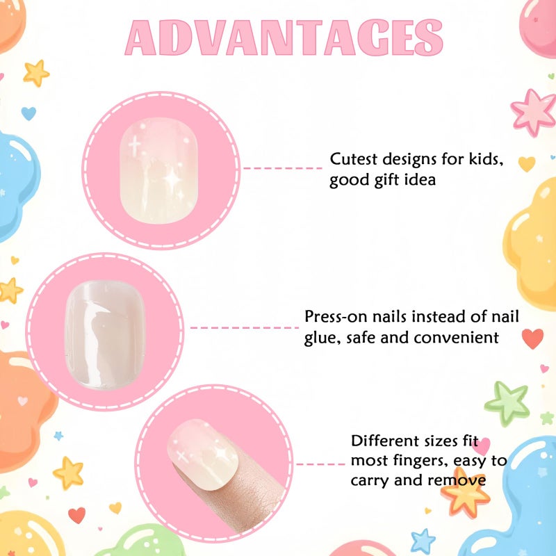 Laza 72pcs Children Nails Press On Pre-glue Full Cover Silver Glitter Stars Pink Heart Short Ombre False Nail Kits for Kids Teenager Girls - Sparkling Sweety - Image 4