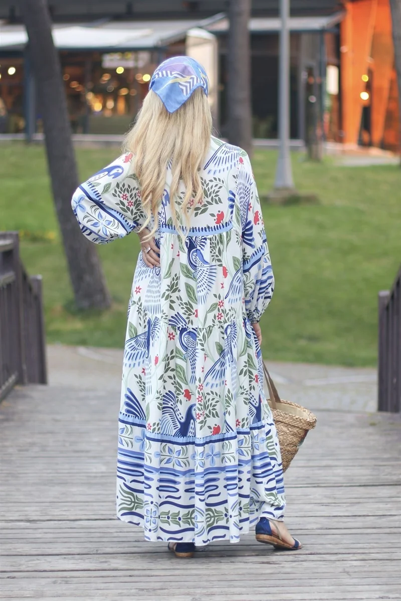 ريتنيس Women's Katleya Balloon Sleeve Bird Pattern Long Dress