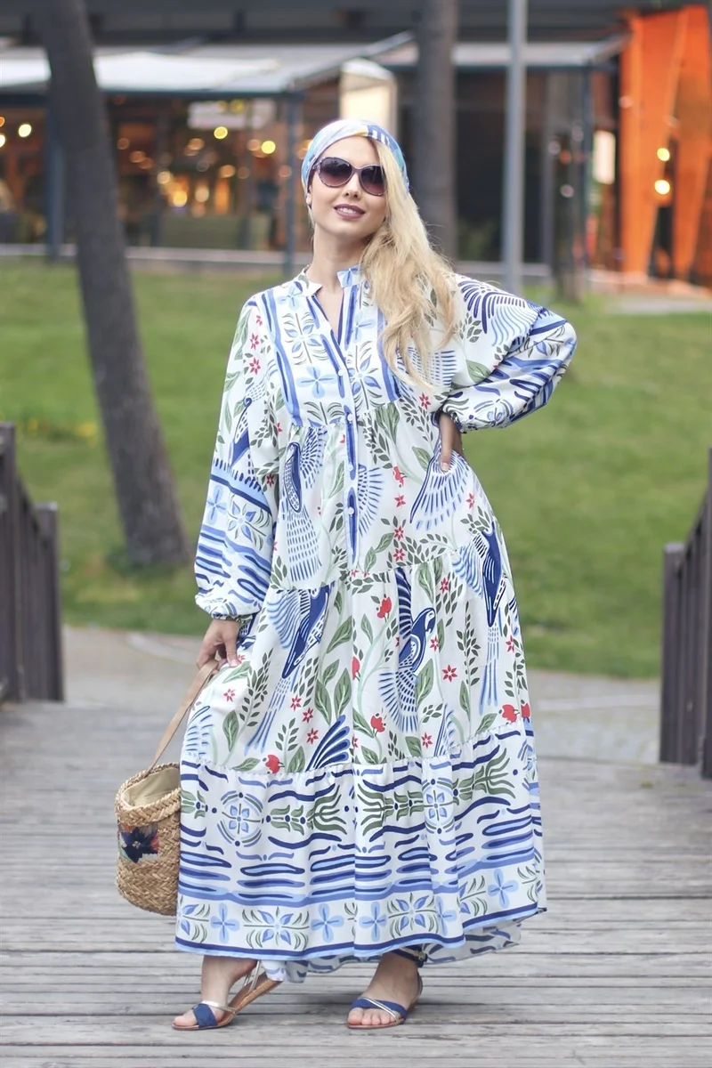 ريتنيس Women's Katleya Balloon Sleeve Bird Pattern Long Dress