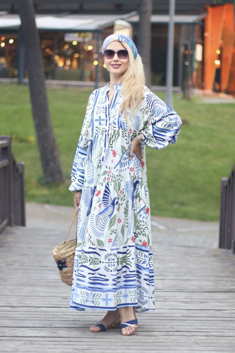 ريتنيس Women's Katleya Balloon Sleeve Bird Pattern Long Dress