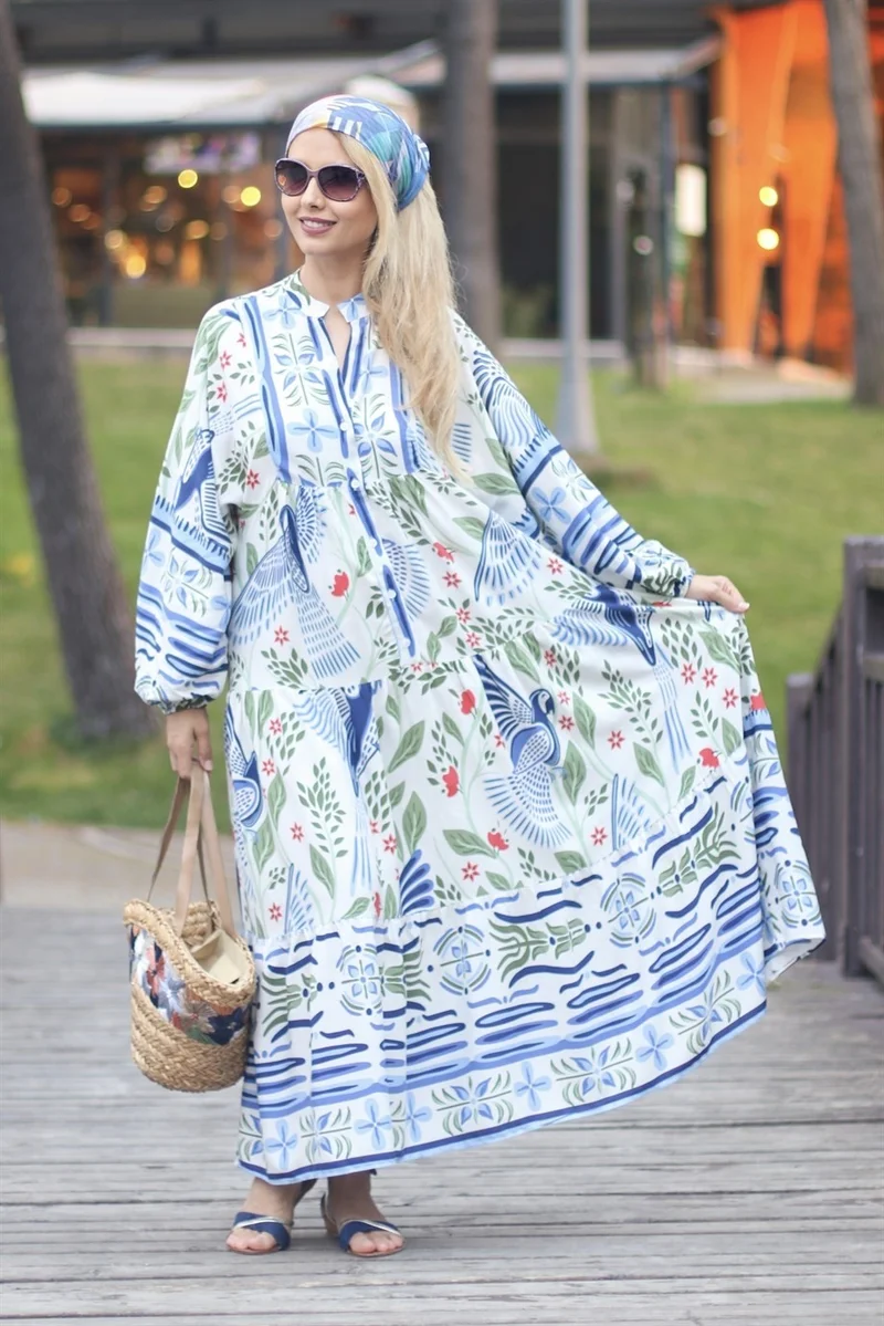 ريتنيس Women's Katleya Balloon Sleeve Bird Pattern Long Dress
