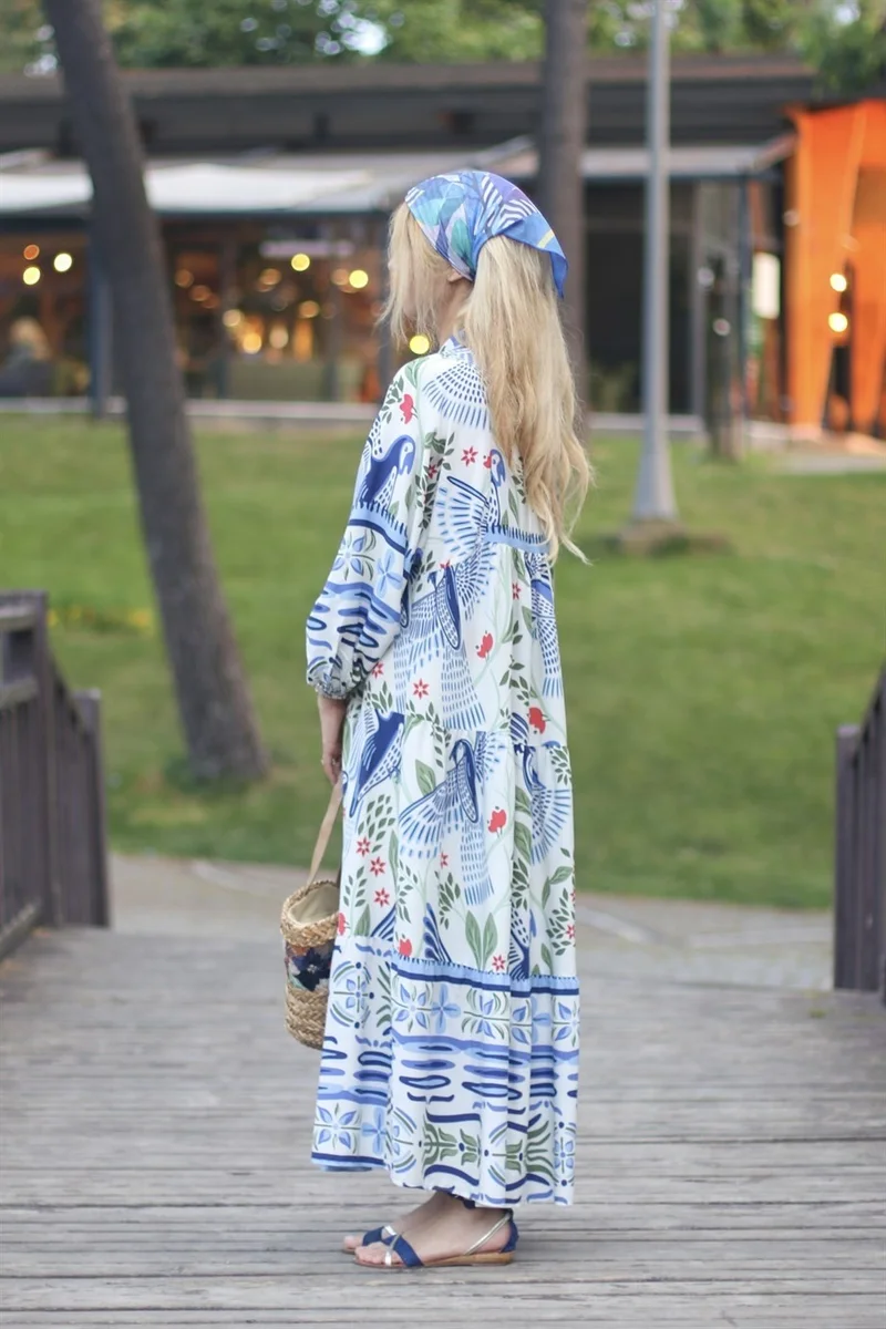ريتنيس Women's Katleya Balloon Sleeve Bird Pattern Long Dress