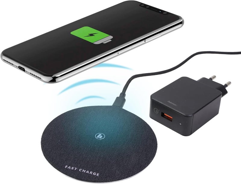 Hama FC15 Metal Wireless Charger 15W Fast Charging Pad with Qi Technology, LED Indicator, USB-C Input, Anti-Slip Fabric Surface, Overcharge Protection for iPhone & Android – Black - Image 1