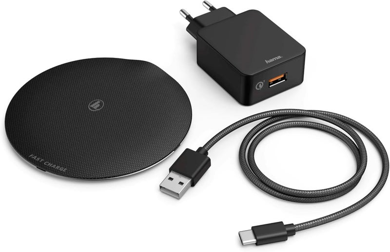 Hama FC15 Metal Wireless Charger 15W Fast Charging Pad with Qi Technology, LED Indicator, USB-C Input, Anti-Slip Fabric Surface, Overcharge Protection for iPhone & Android – Black - Image 2