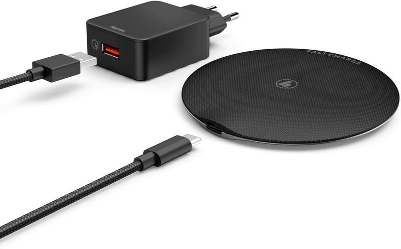 Hama FC15 Metal Wireless Charger 15W Fast Charging Pad with Qi Technology, LED Indicator, USB-C Input, Anti-Slip Fabric Surface, Overcharge Protection for iPhone & Android – Black - Image 3