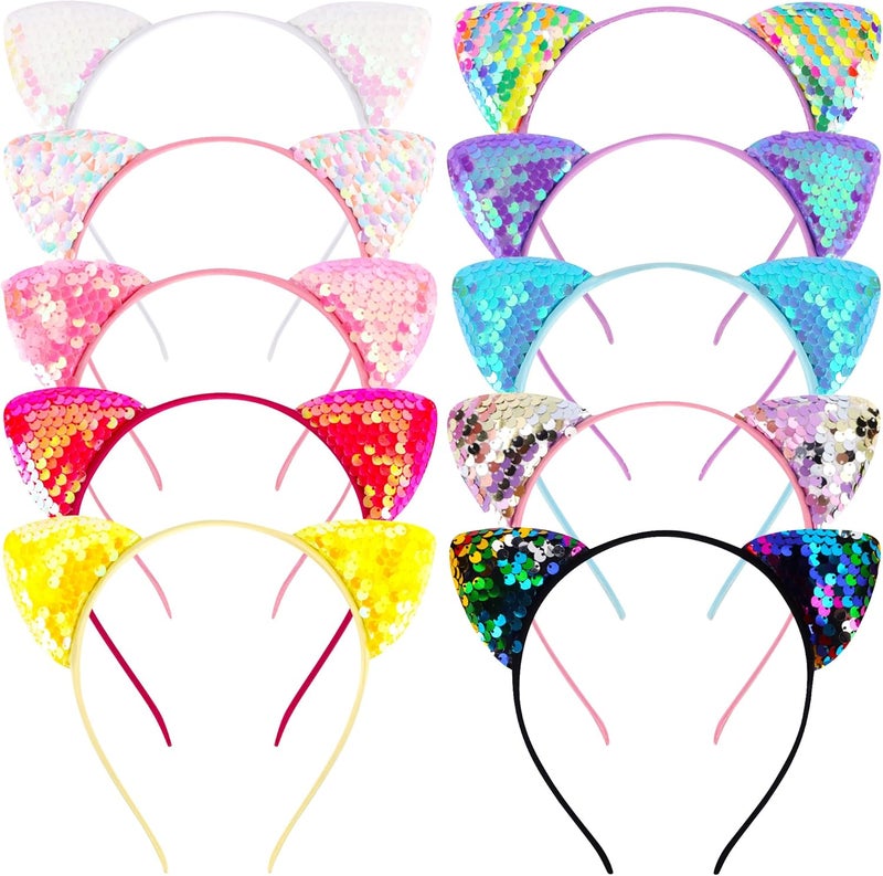 Chanaco Cat Ears Headbands 10Pcs Set Sequin Cat Headband Party Decorations Cute Glitter Hair Hoops for Girls Shiny Adult Gabby Headwear Halloween Costume Hair Accessories Favors Birthday Gifts - Image 1
