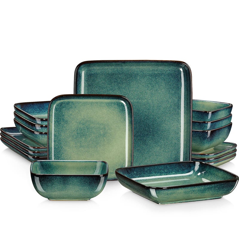 vancasso Stern Green Dinner Set Square Reactive Glaze Dish Set 16 Pieces Kitchen Dinnerware Stoneware Crockery with Dinner Plate Dessert Plates Bowl and Soup Plate Service for 4