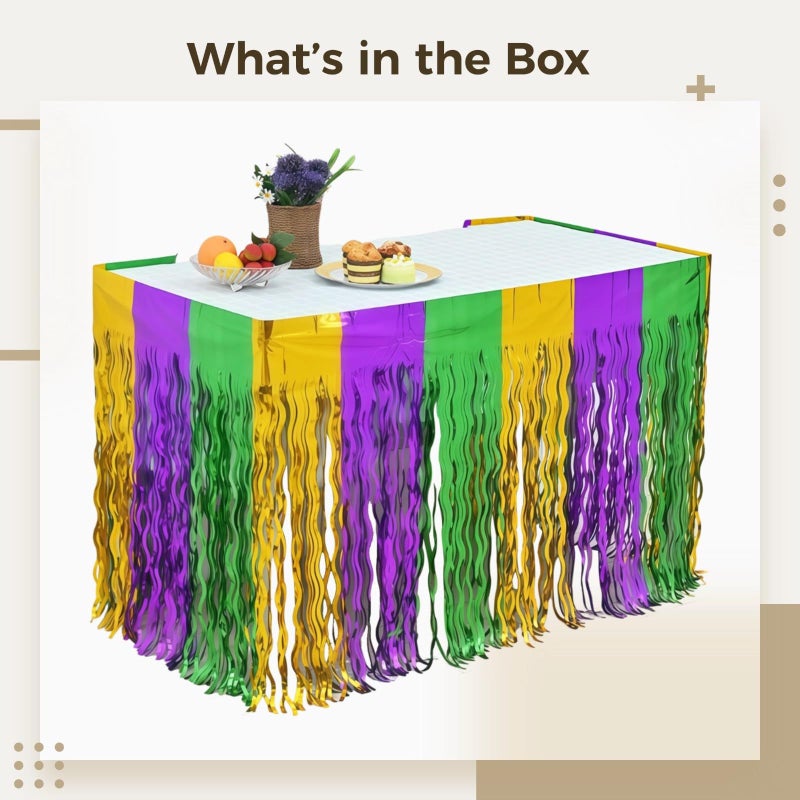 Disposable Aluminum Foil Table Cover Mardi Gras 75 X 275 Cm 29.5 X 108 In Metallic Streamer Violet Green Gold Colorful Design Table Skirt For Parties Festivals And Celebrations - Image 5