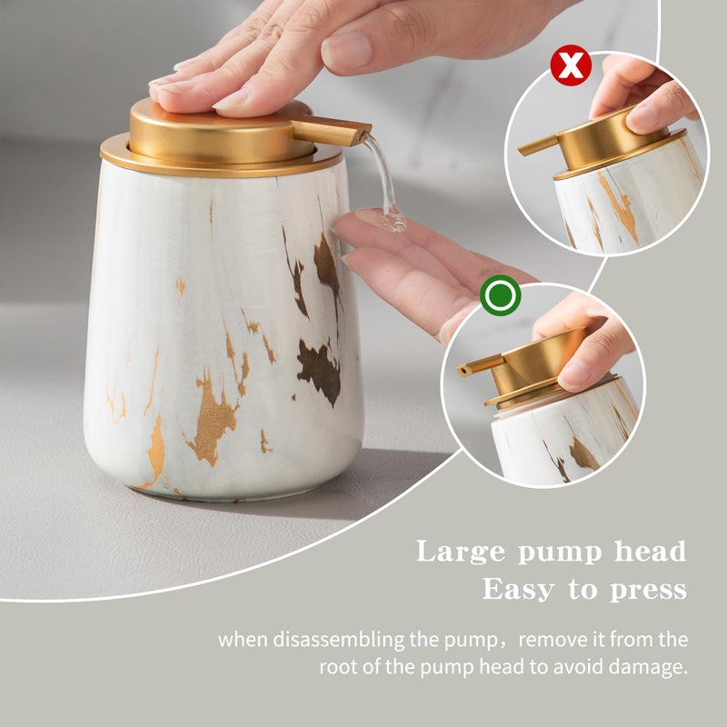 Enra Ceramic Gold Soap Dispenser,12 oz Marble Lotion Dispenser Bathroom Liquid Refillable Hand Soap Dispenser for Bathroom Kitchen with Easy-to-Press Pump (Glod Liquid Type) - Image 4