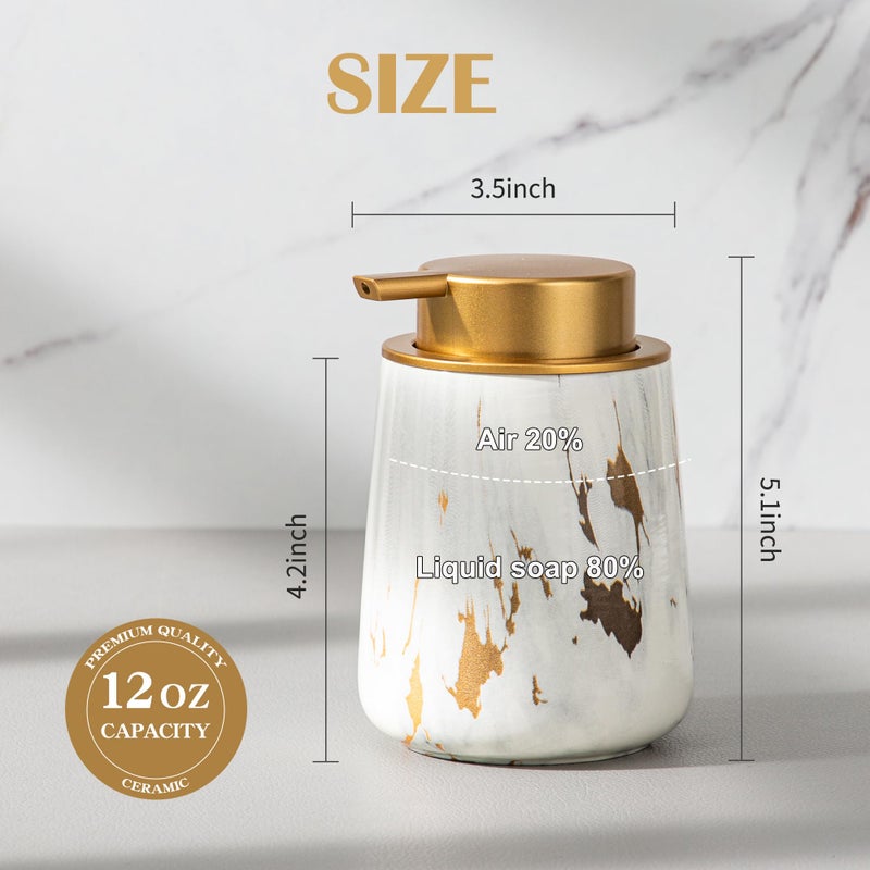 Enra Ceramic Gold Soap Dispenser,12 oz Marble Lotion Dispenser Bathroom Liquid Refillable Hand Soap Dispenser for Bathroom Kitchen with Easy-to-Press Pump (Glod Liquid Type) - Image 2