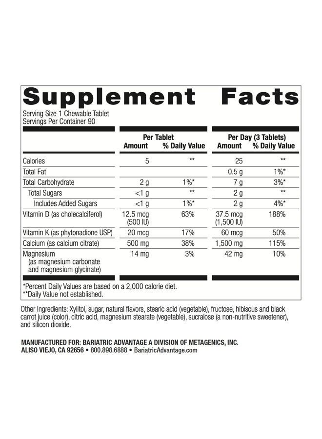 Bariatric Advantage Calcium Citrate Chewable 500mg with Vitamin D3 for Bariatric Surgery Patients Including Gastric Bypass and Sleeve Gastrectomy, Low Sugar - Wild Cherry Flavor, 90 Count - Image 2