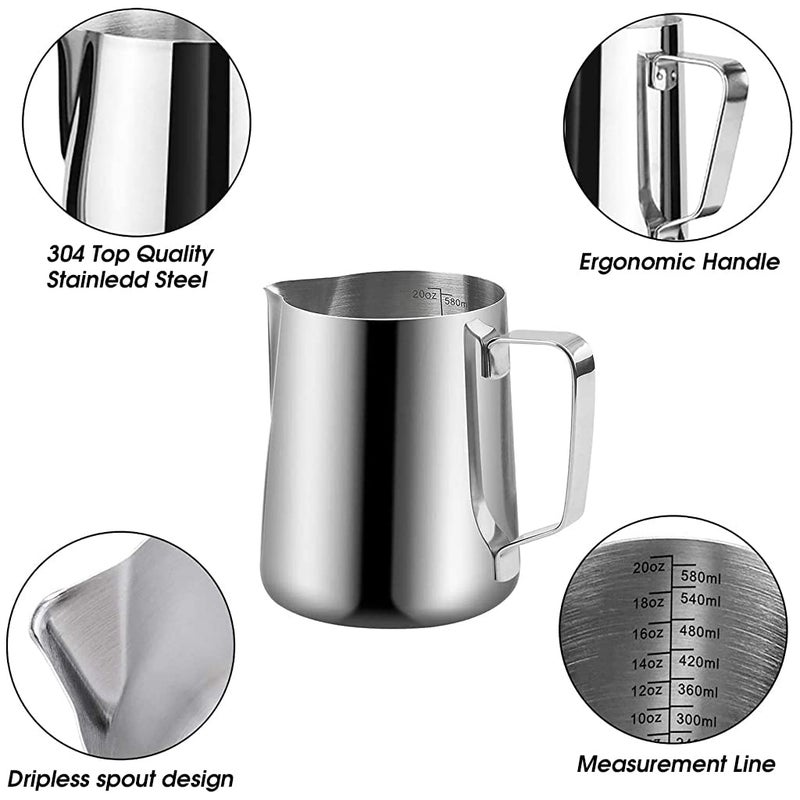 Supvox Milk Frothing Pitcher with Scale Stainless Steel Espresso Milk Frothing Pitchers for Cappuccino Barista Steam Pitchers Milk Jug Cup with Decorating Pen 20oz - Image 3