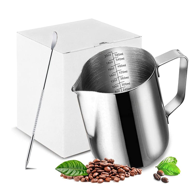 Supvox Milk Frothing Pitcher with Scale Stainless Steel Espresso Milk Frothing Pitchers for Cappuccino Barista Steam Pitchers Milk Jug Cup with Decorating Pen 20oz - Image 1