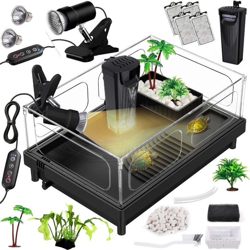 MoonOrange Small Turtle Tank Kit, Acrylic Turtle Tank Starter Kit with Basking Platform, Bottom Drainage, Multi-Function Areas for Turtles, Crabs, Crayfish, Small Reptiles. (Black Kit) - Image 1