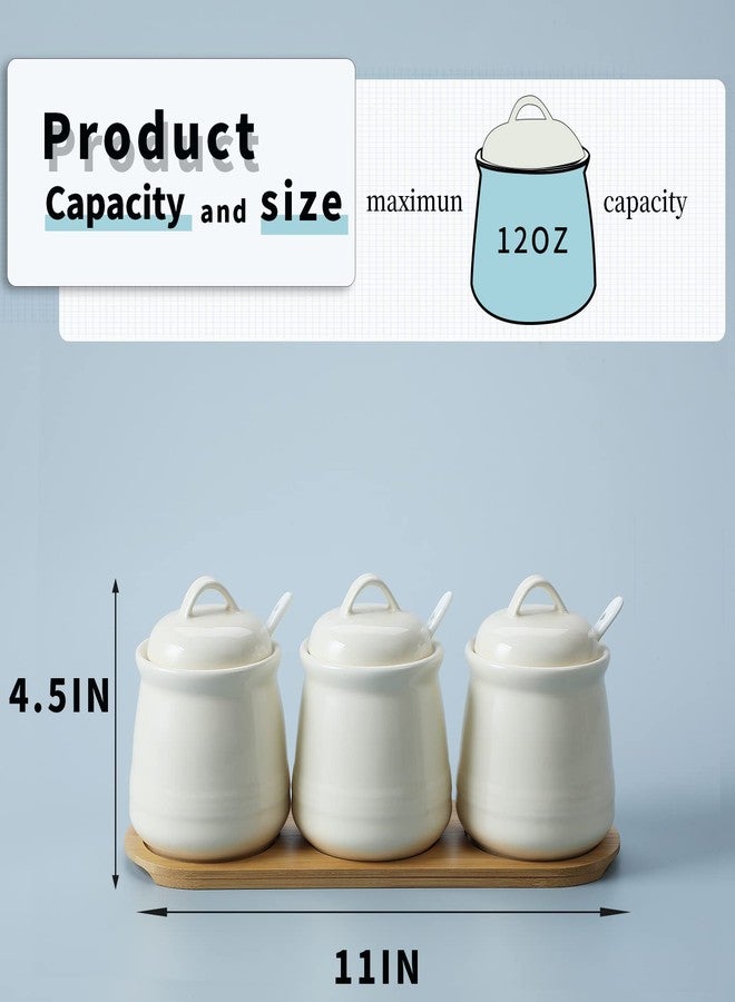 HAOTOP Porcelain Condiment Jar 3 Pack Set with Tray, 12 Ounces Beige - Image 3