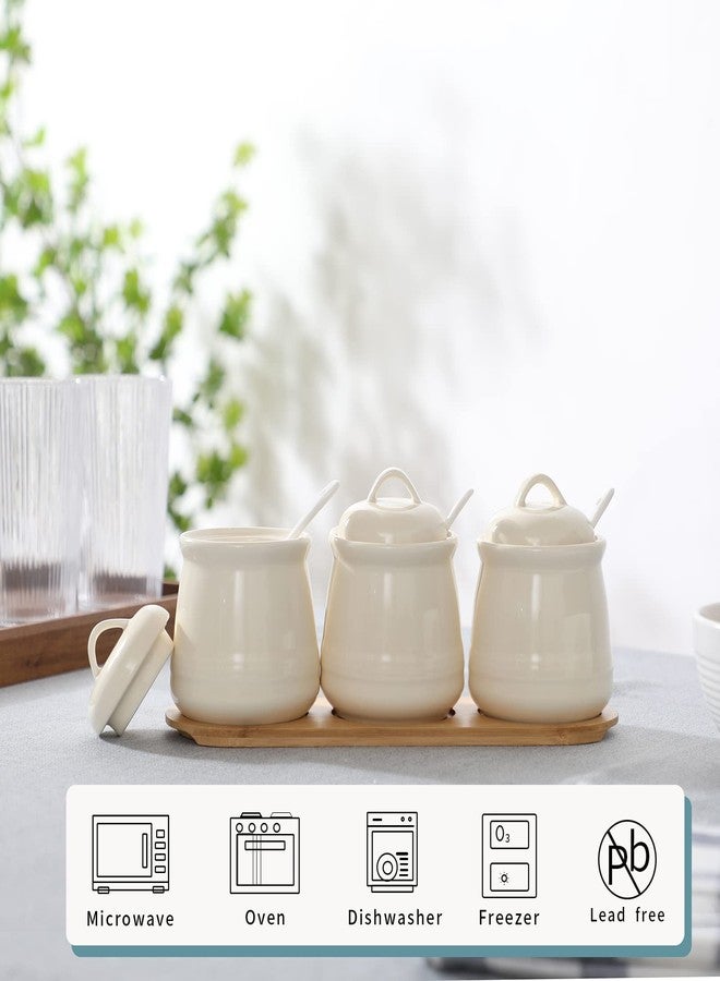 HAOTOP Porcelain Condiment Jar 3 Pack Set with Tray, 12 Ounces Beige - Image 2