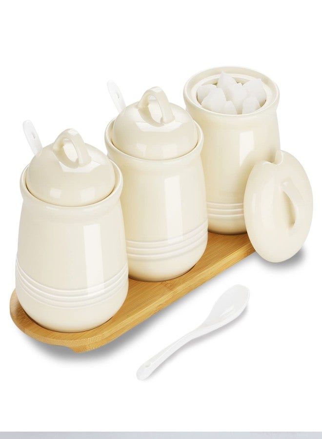 HAOTOP Porcelain Condiment Jar 3 Pack Set with Tray, 12 Ounces Beige - Image 1
