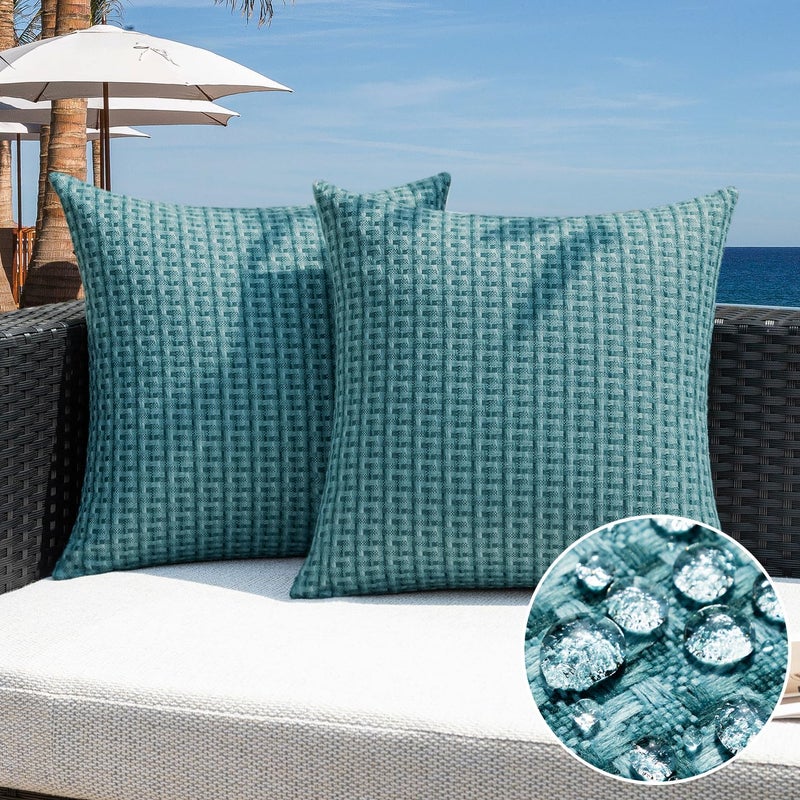K KEVIN TEXTILE Kevin Textile Outdoor Waterproof Throw Pillow Covers Pack of 2 Weaving Texture Water Resistant Outside Decorative Cushion Covers for Garden Patio Tent Balcony Bench Couch Sofa 18x18 Inch Teal - Image 2