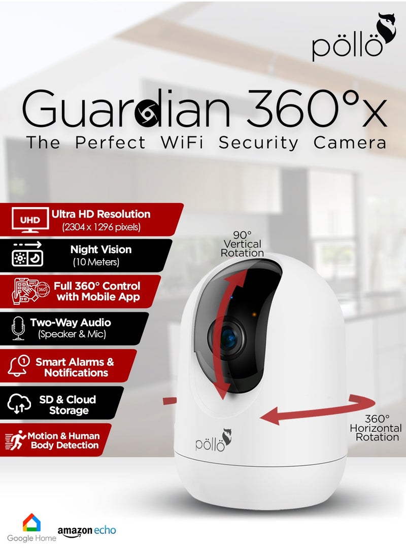 Pollo - 3MP 2K Guardian 360°x Smart Wi-Fi PTZ Security Camera IR Night Vision with 2-Way Audio, Human Tracking, Kids Monitoring, 360 Degree Rotation, Upto 128GB Micro SDCard Supported - Image 1