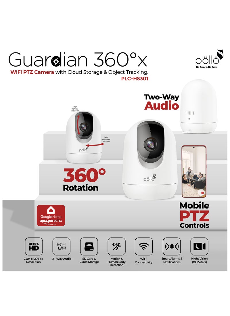 Pollo - 3MP 2K Guardian 360°x Smart Wi-Fi PTZ Security Camera IR Night Vision with 2-Way Audio, Human Tracking, Kids Monitoring, 360 Degree Rotation, Upto 128GB Micro SDCard Supported - Image 1