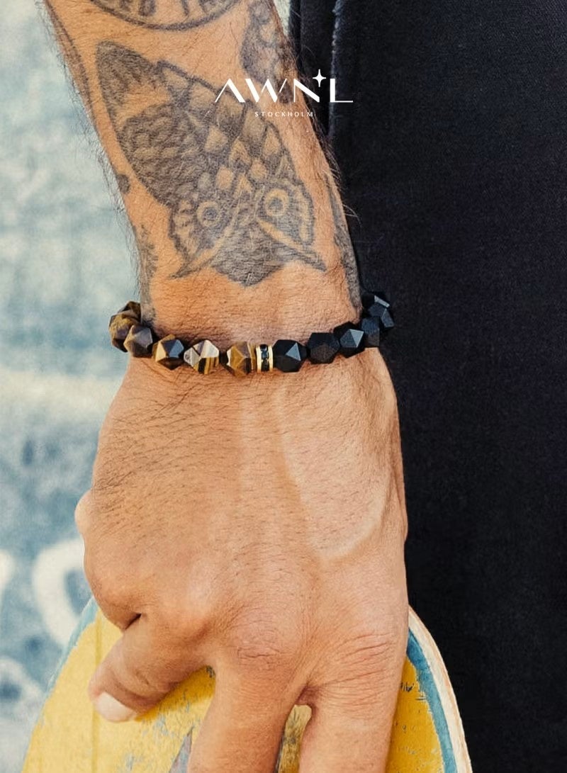 AWNL Natural energy stone black agate and tiger's eye beaded bracelet with a 925 sterling silver lucky wheel, a gift for men. - Image 1