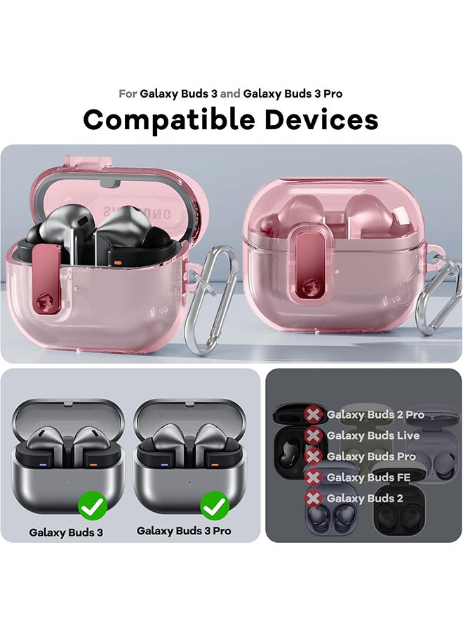 O Ozone For Samsung Galaxy Buds3 Case & Galaxy Buds 3 Pro Case Cover Anti-drop Anti-scratch Lock Clip Flexible TPU Clear Protection Case with Carabiner- Pink  - Image 2