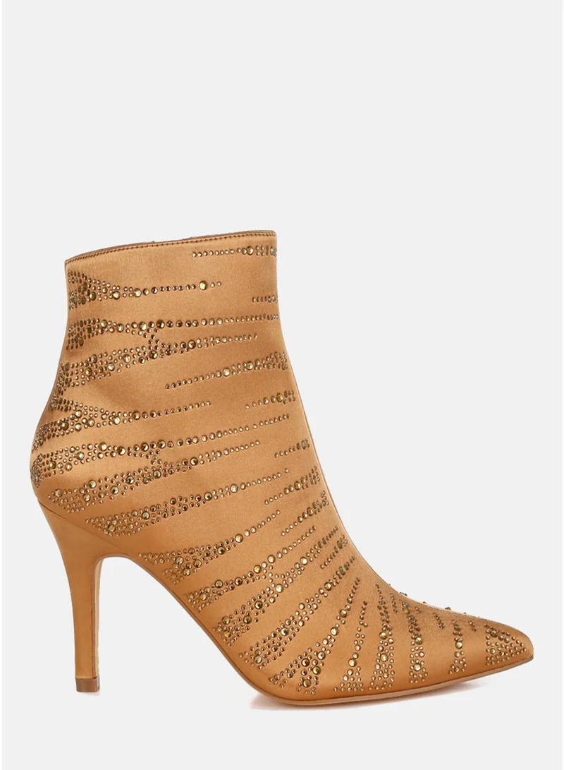 London Rag Women's Satin Rhinestone Ankle Party Boots in Brown