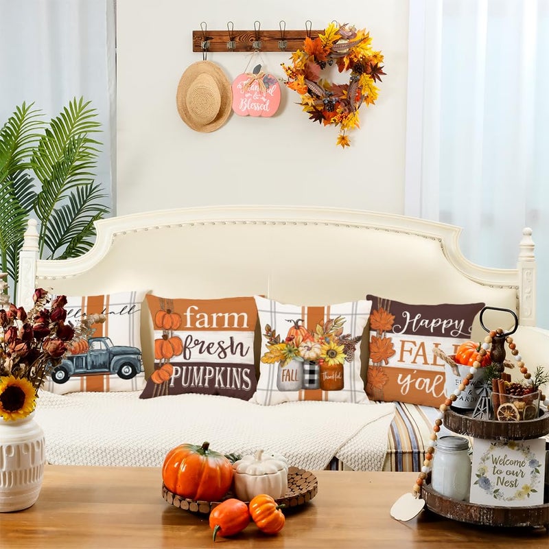 GEEORY GEEORY Fall Pillow Covers 20 x 20 Inch Set of 4  Happy Fall Y'all Stripes Pumpkins Mason Jar Thankful Decor  Cushion Cases for Farmhouse Home Party Sofa Couch (Brown) G355-20 - Image 2