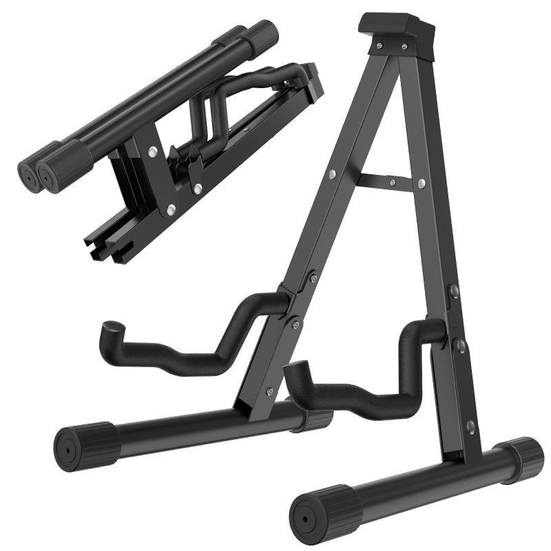 GLEAM Guitar Stand - Electric, Acoustic and Bass, Banjo Stand, A-Frame Metal Folding Guitar Rack with Non-Slip Rubber Sleeves and Foam Arms Black - Image 1
