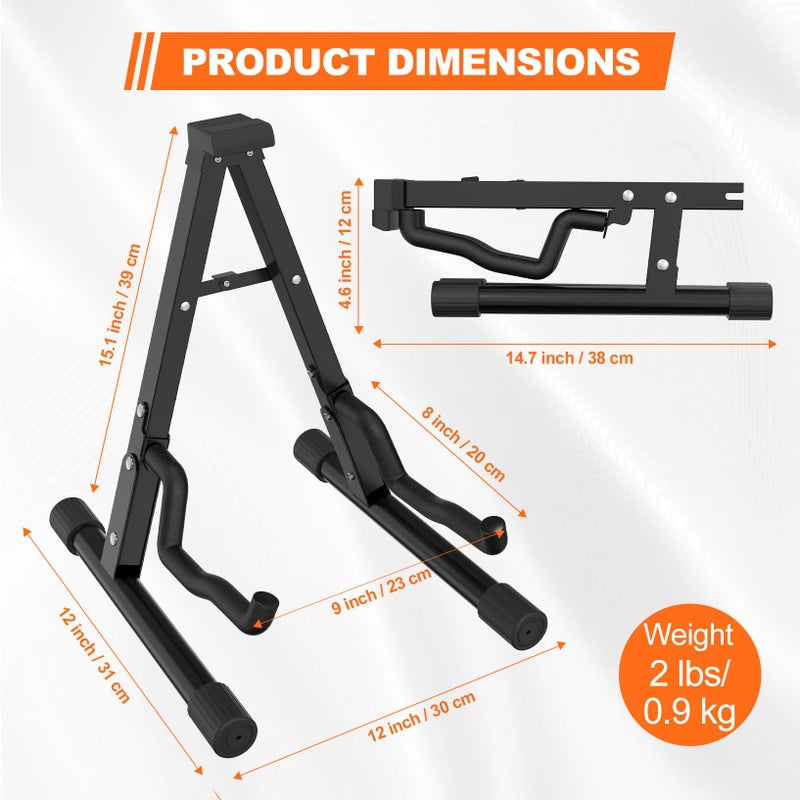 GLEAM Guitar Stand - Electric, Acoustic and Bass, Banjo Stand, A-Frame Metal Folding Guitar Rack with Non-Slip Rubber Sleeves and Foam Arms Black - Image 2