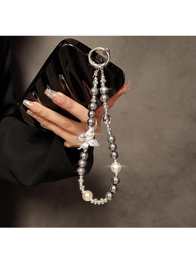 NIBEMINENT Phone Charm/ Chain Strap for Women Girls, Gray Pearl Butterfly Cell Phone Case Lanyard Wrist Strap - Image 2