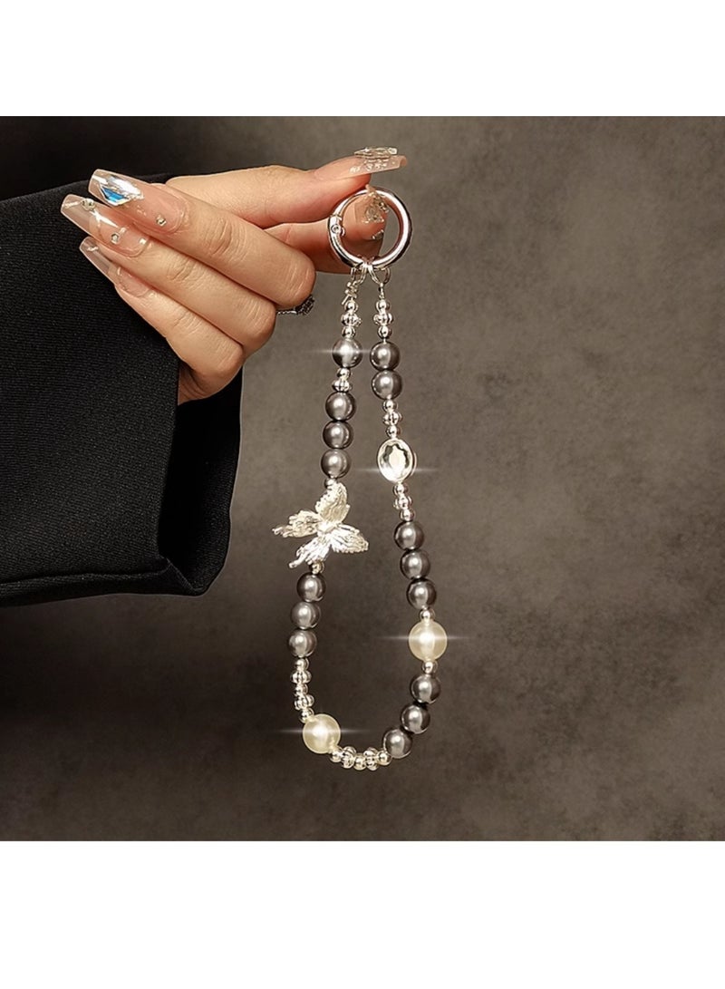 NIBEMINENT Phone Charm/ Chain Strap for Women Girls, Gray Pearl Butterfly Cell Phone Case Lanyard Wrist Strap - Image 1
