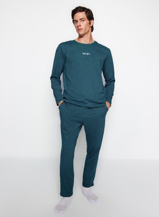 trendyol Petrol Men's Regular Fit Printed Knitted Pajama Set - Image 1