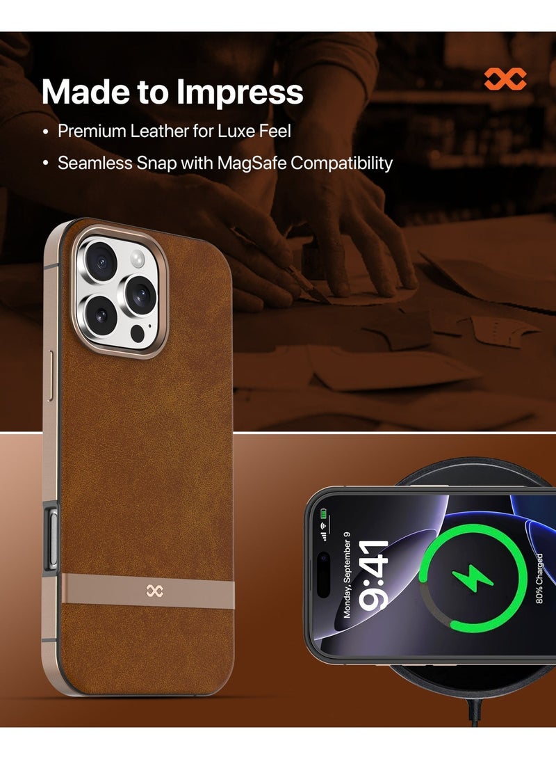 INFINYTY iPhone 16 Pro Max Premium Leather Case – Luxe Series (Brown), Elegant Metal Frame Accents, MagSafe Compatible, Shock-Resistant, Mil. Grade Drop-Tested, Precision Fit - Image 4