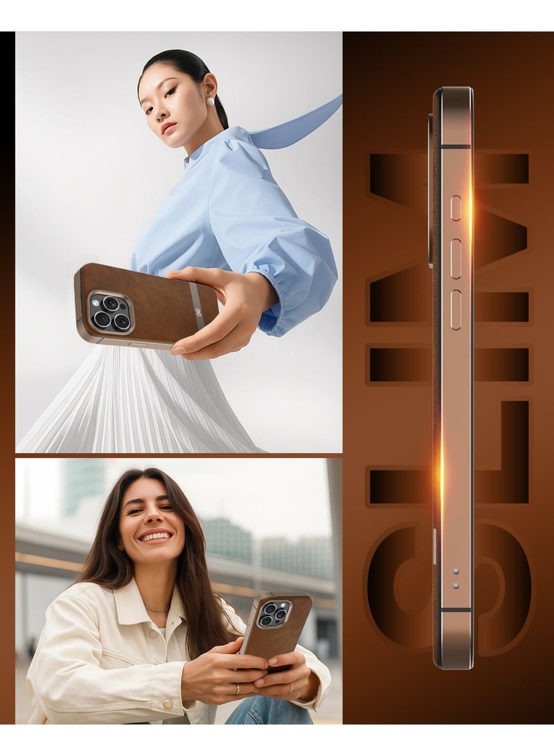 INFINYTY iPhone 16 Pro Max Premium Leather Case – Luxe Series (Brown), Elegant Metal Frame Accents, MagSafe Compatible, Shock-Resistant, Mil. Grade Drop-Tested, Precision Fit - Image 3