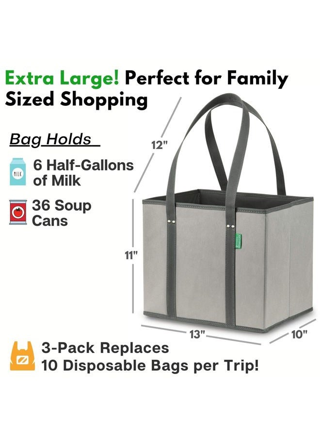 Creative Green Life Reusable Grocery Bags (3 Pack) – Heavy Duty Reusable Shopping Bags with Box Shape to Stand Up, Stay Open, Fold Flat – Large Tote Bags with Long Handles & Reinforced Bottom (Gray) - Image 5