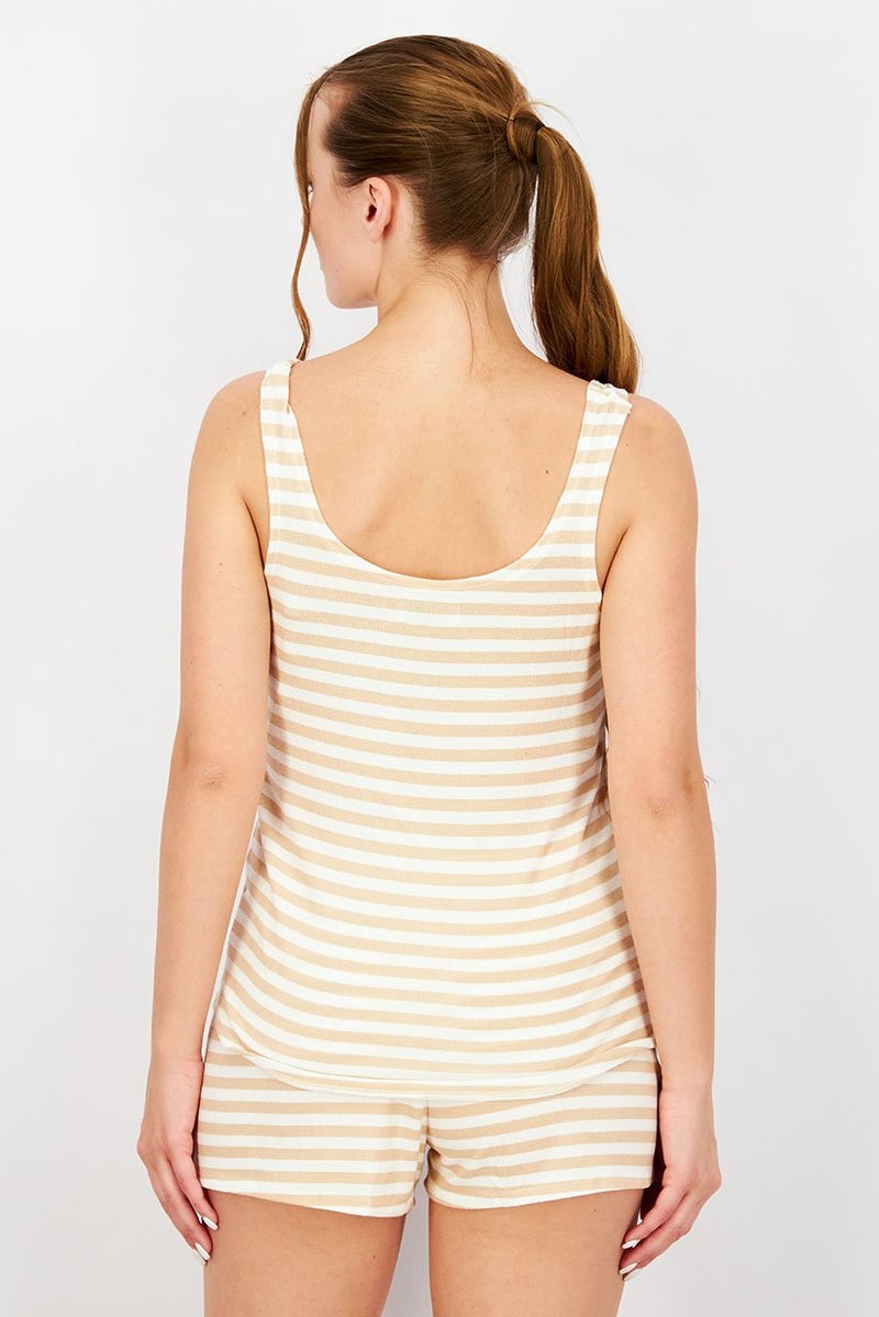 Bearpaw Women Sleeveless Stripe Top And Short Set, Tan and White  - Image 3