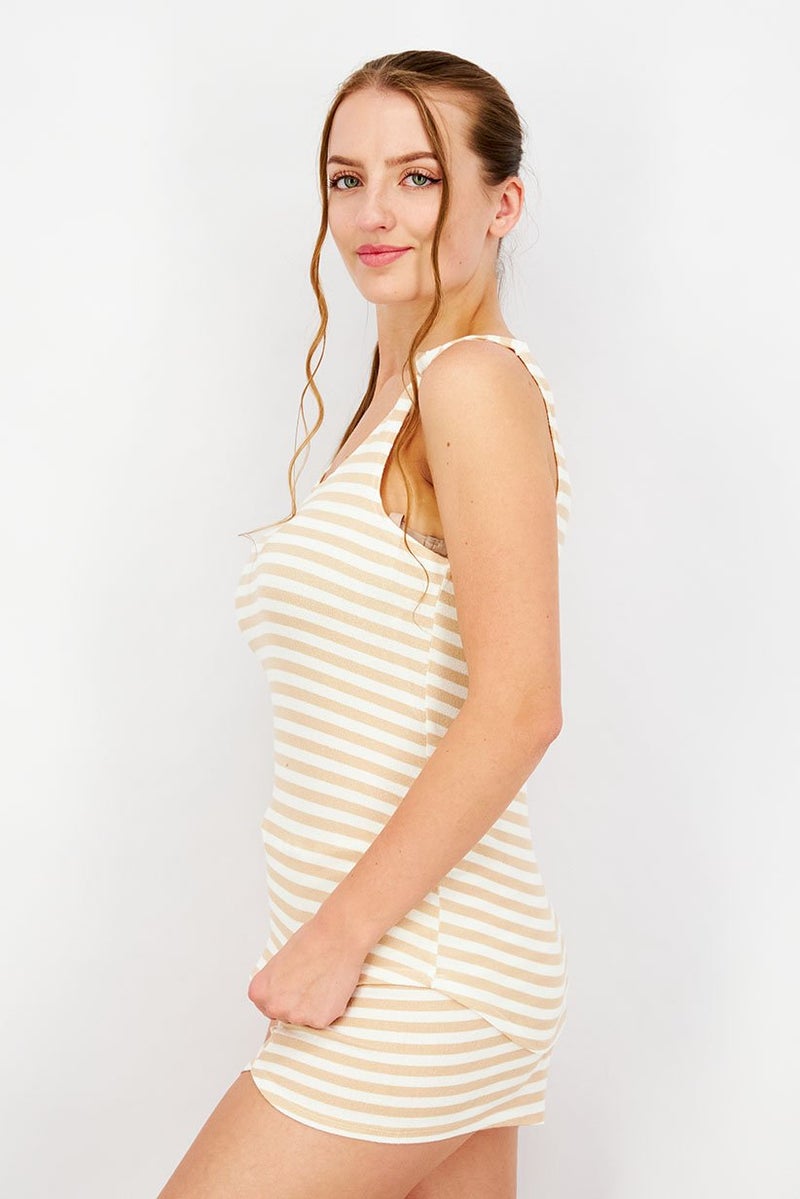 Bearpaw Women Sleeveless Stripe Top And Short Set, Tan and White  - Image 2