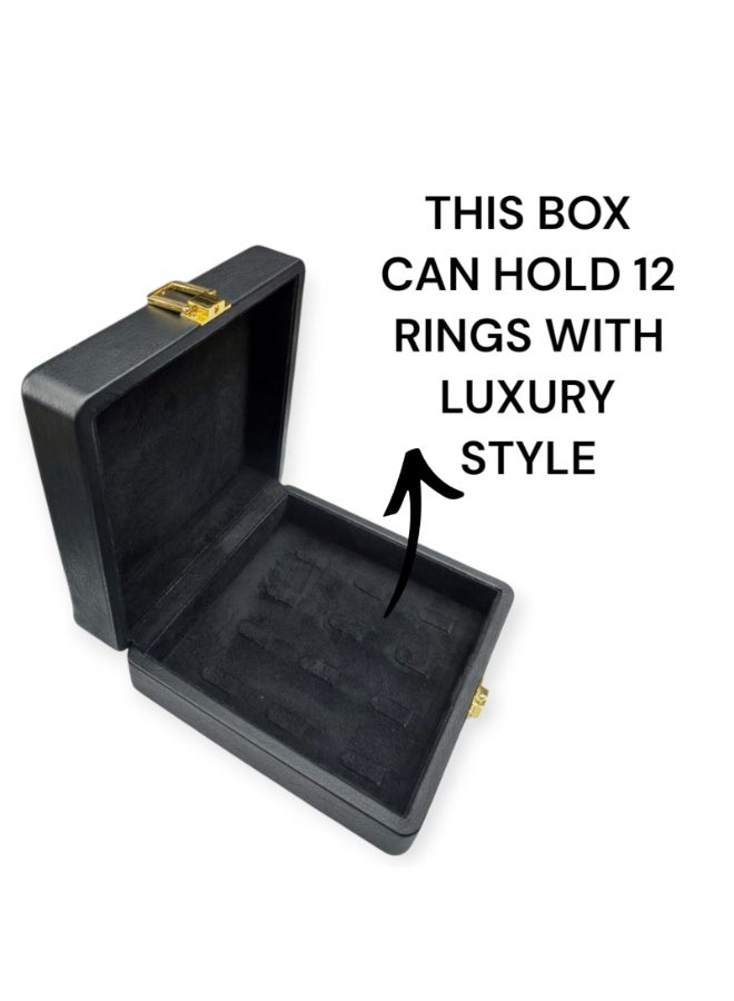 Al Seraj Jewellery Display Box for 12 Rings – Luxury Black Leather Organizer with Soft Suede Interior, Elegant Ring Holder for Display, Travel & Gift Use – 15.3 × 15.3 × 6.3 cm - Image 3