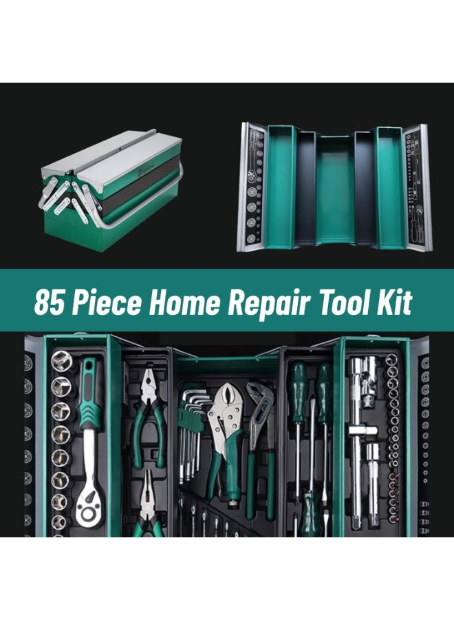 GearZone طقم أدوات إصلاح المنزل 85 قطعة، مجموعة أدوات يدوية لإصلاح السيارات العامة، صندوق تخزين أدوات مع درج، متعدد الاستخدامات - مثالي لأعمال DIY المنزلية، الحرفي - Image 2