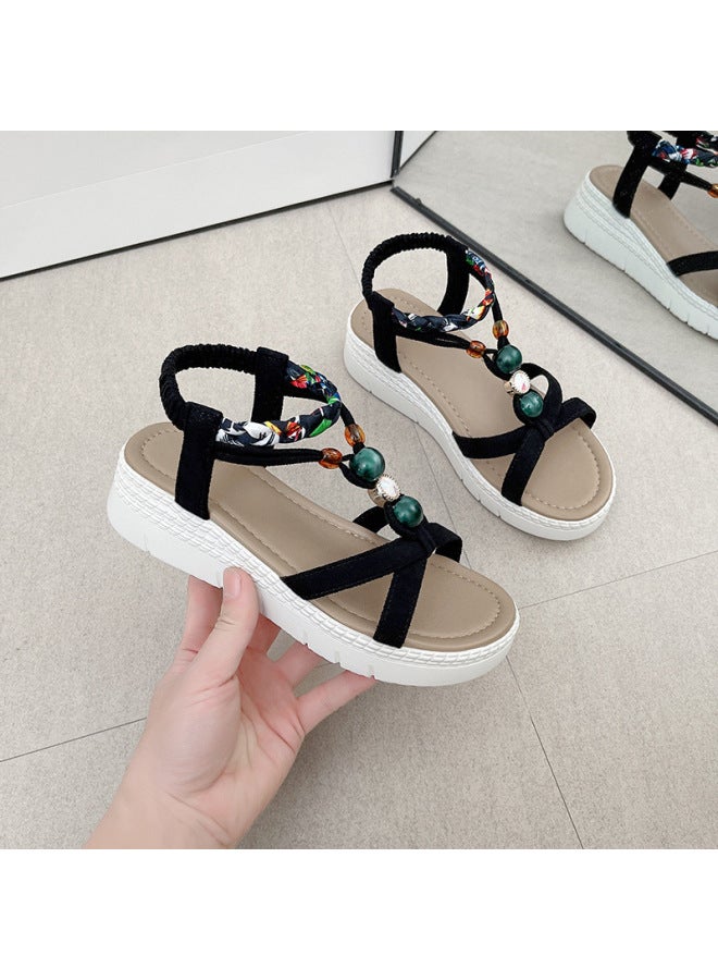 Large Size Wedge Sandals For Women  Summer New Fashion Beaded Thick-soled Elastic Band Open-toe Sandals For Women