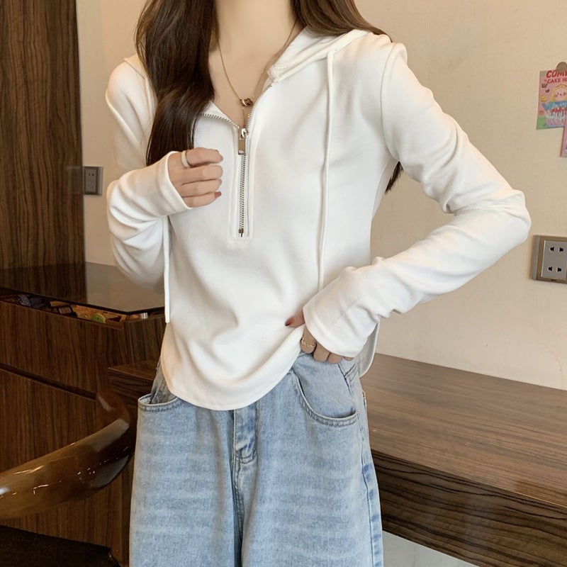 Chic Cotton Hoodie Zip-up Slim Summer Womens Tops White