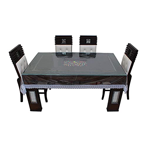 HOMECROWN PVC Plastic Waterproof 6 Seater Rectangular Dining Table Cover with Embroidered Silver Lace Border (Clear , 90x60 Inch, Pack of 1) - Image 1