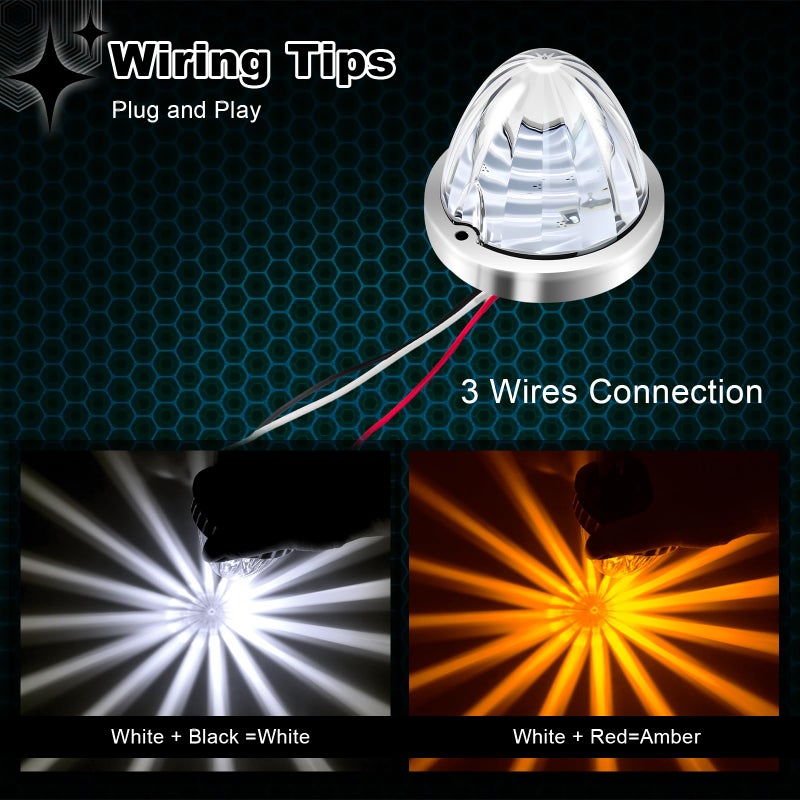 Wodvyss 2Pcs Dual Color Amber/White Watermelon Lights Amber Turn Signal Marker to White Auxiliary Interior Dome Lights Lamps for Semi Truck, w/Reflector Flush Mount Clear Lens Stainless Bezel - Image 2