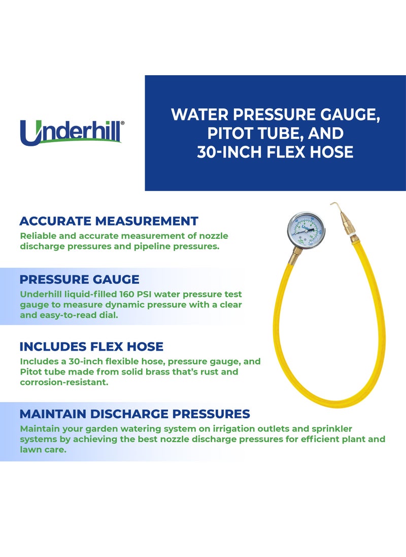 Underhill Underhill HeadChecker Water Pressure Gauge, Pitot Tube and 30-Inch Flex Hose 160 PSI, Dial Indicator, for Sprinklers, Irrigation System, A-PHG-160K  - Image 3