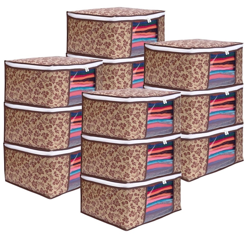 LAXIS ® - Saree Covers With Zip Non-Woven Printed Saree Cover/Saree Organizer For Wardrobe/Cloth Storage/Organizer With Transparent Window/Saree Bags Storage/Clothes (Brown- Pack of 12) - Image 1