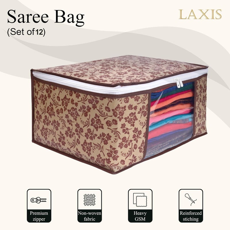 LAXIS ® - Saree Covers With Zip Non-Woven Printed Saree Cover/Saree Organizer For Wardrobe/Cloth Storage/Organizer With Transparent Window/Saree Bags Storage/Clothes (Brown- Pack of 12) - Image 3