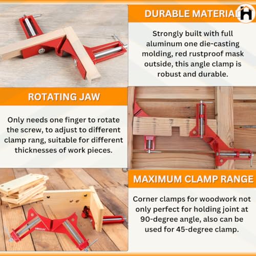 Homdum Corner Clamp 90 Degree DIY Woodworking Framing Holder Tool for Right Angle Picture Frame Clamping with one finger rotating screw jaw 4 Pack - Image 3